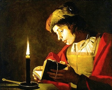 Matthias stomer young man reading by candlelight
